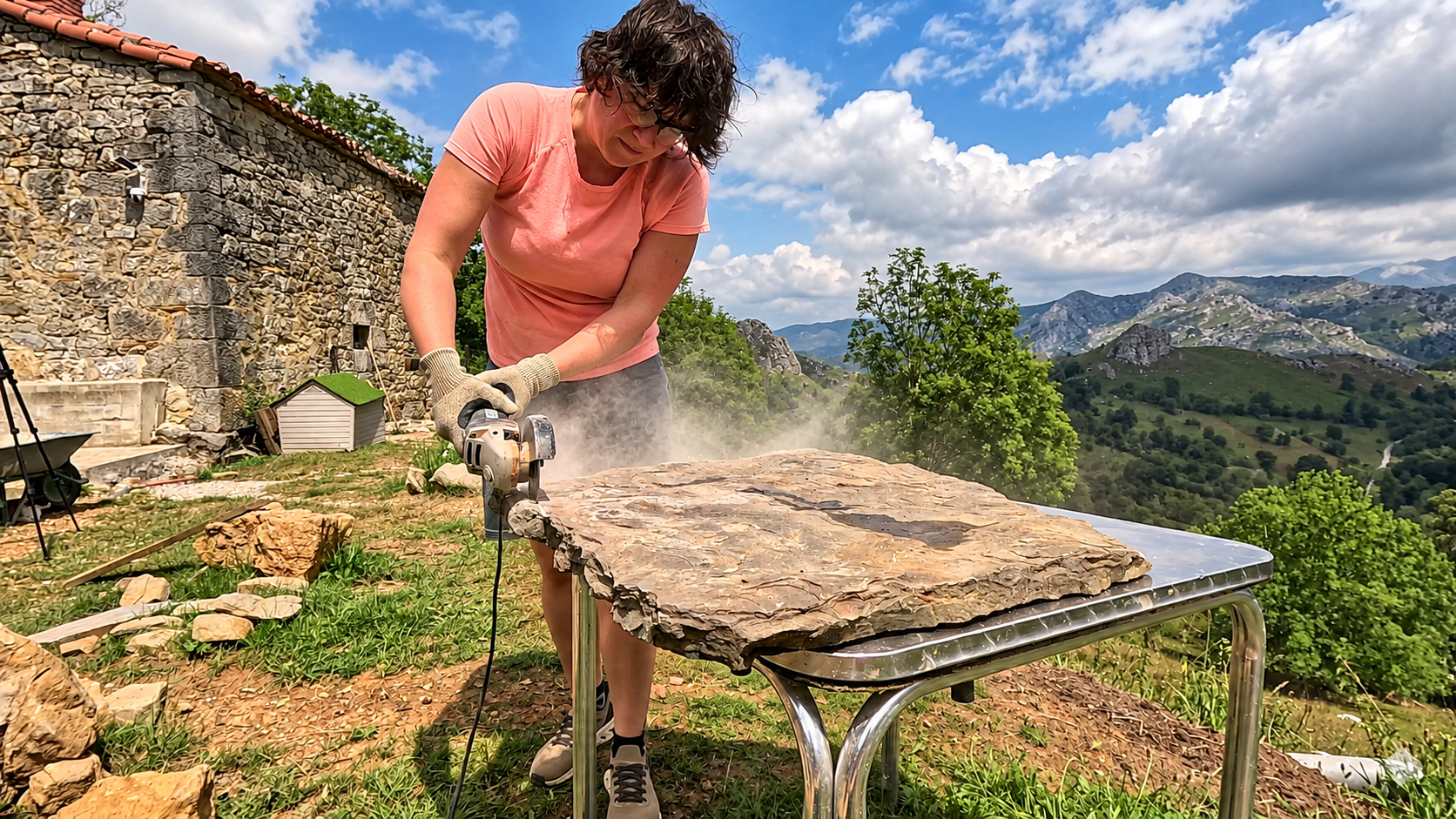 Una de ellas trabajando la piedra con amoladora en el exterior de la cabaña pasiega